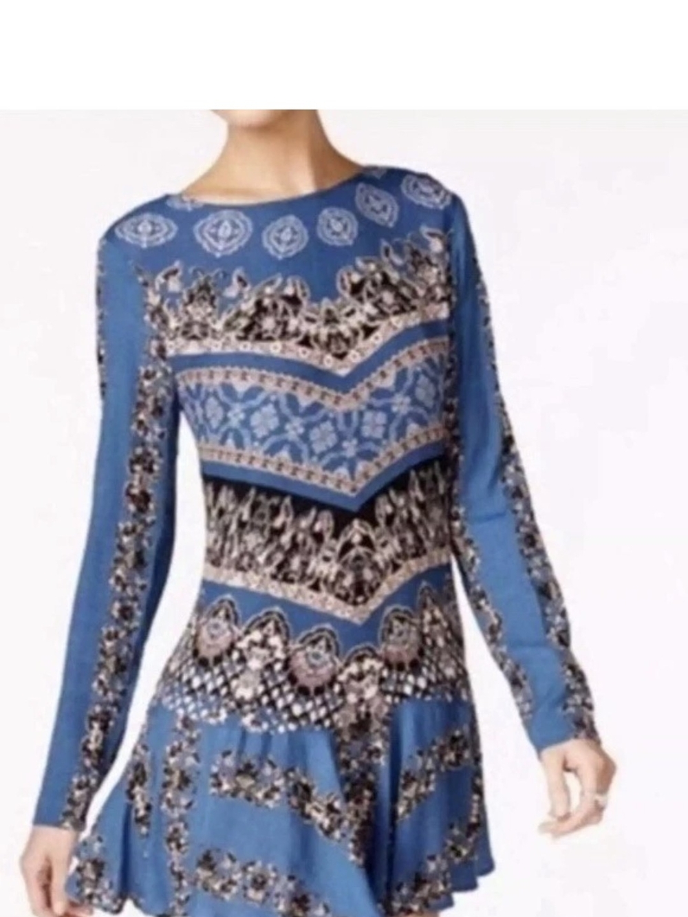 Free People Blue Printed Long Sleeve Backless Fit & Flare Dress S